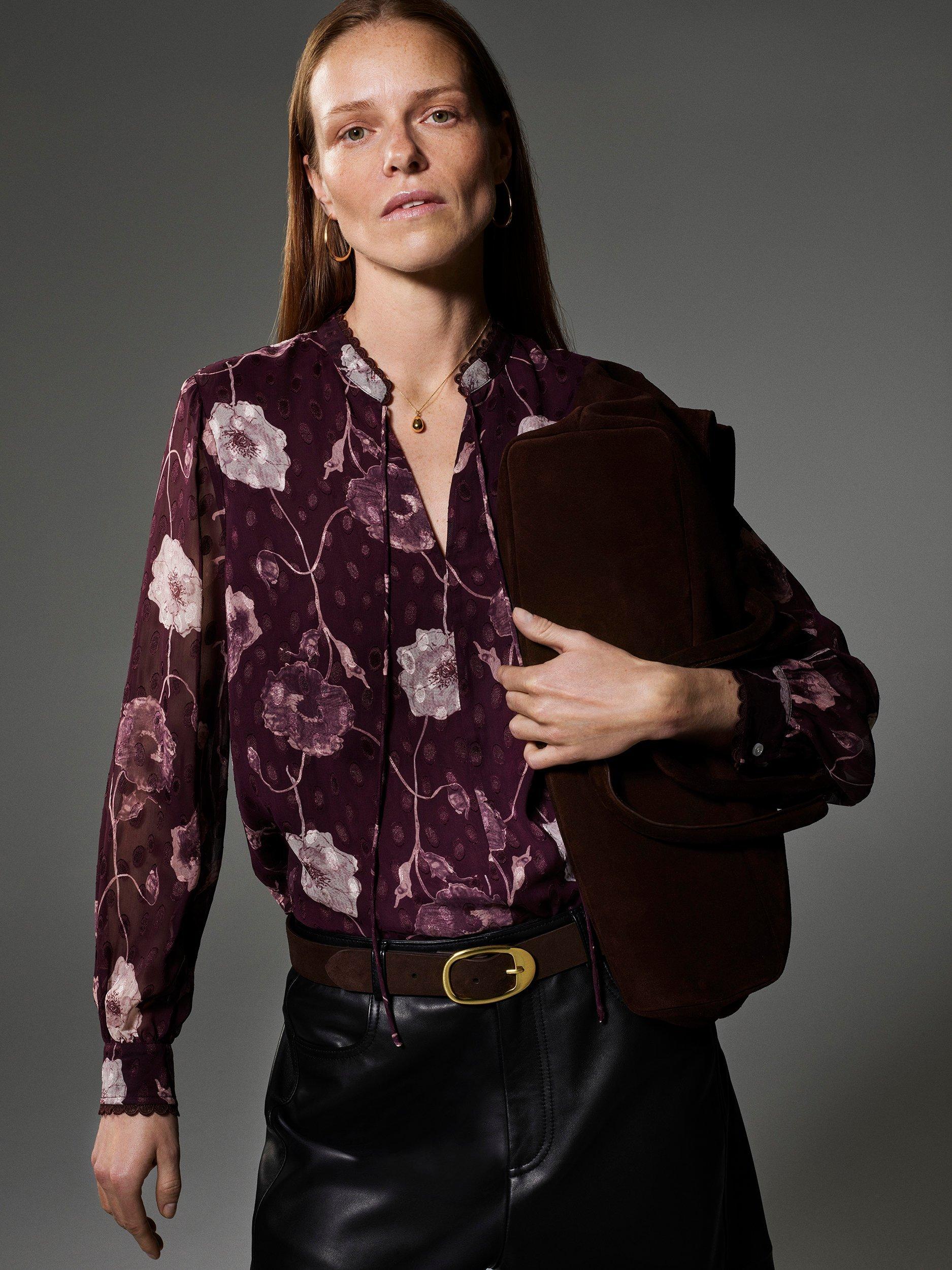Product image 1 of 6, which shows Whistles Floral Dobby Blouse, Burgundy/Multi, 6
