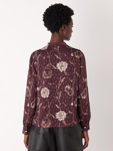 Whistles Floral Dobby Blouse, Burgundy/Multi - view 2, Burgundy/Multi
