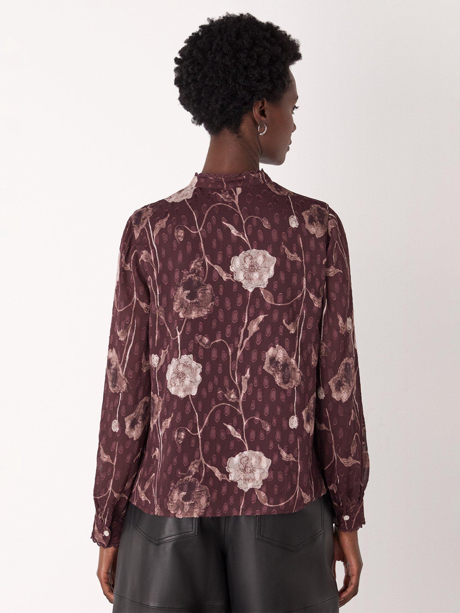 Product image 3 of 6, which shows Whistles Floral Dobby Blouse, Burgundy/Multi, 6