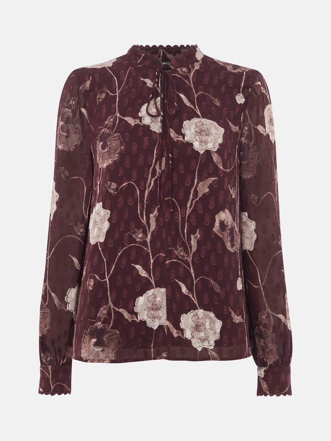 Product image 6 of 6, which shows Whistles Floral Dobby Blouse, Burgundy/Multi, 6