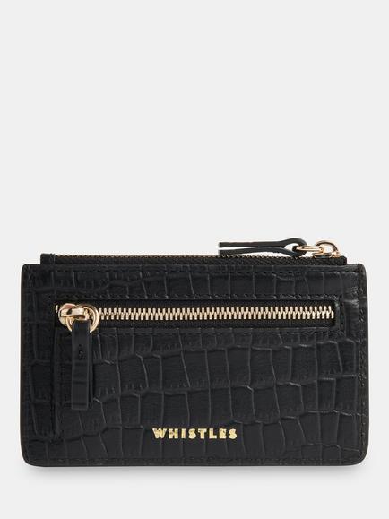 Whistles Croc Zip Top Card Holder, Black, Black