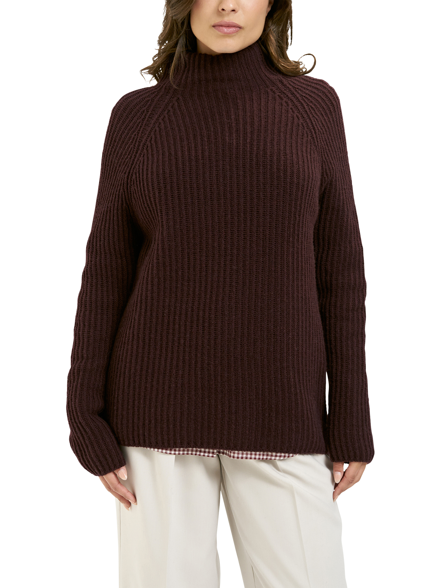 Product image 1 of 6, which shows Smith & Soul Ribbed High Neck Jumper, Plum, XS