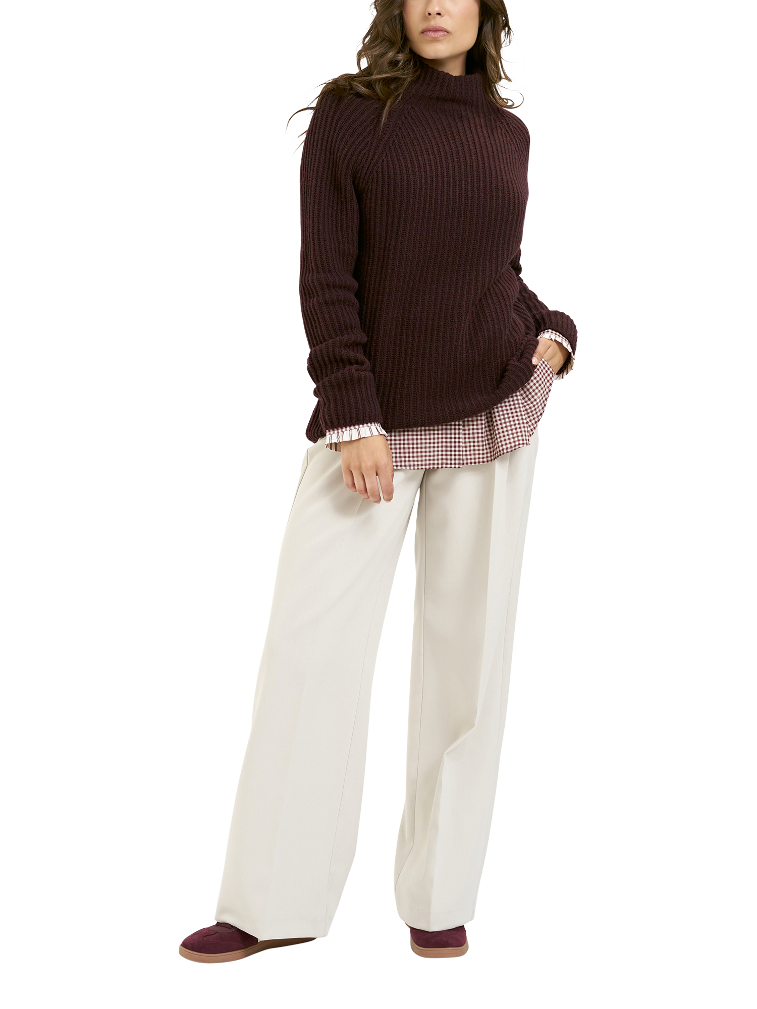 Product image 3 of 6, which shows Smith & Soul Ribbed High Neck Jumper, Plum, XS