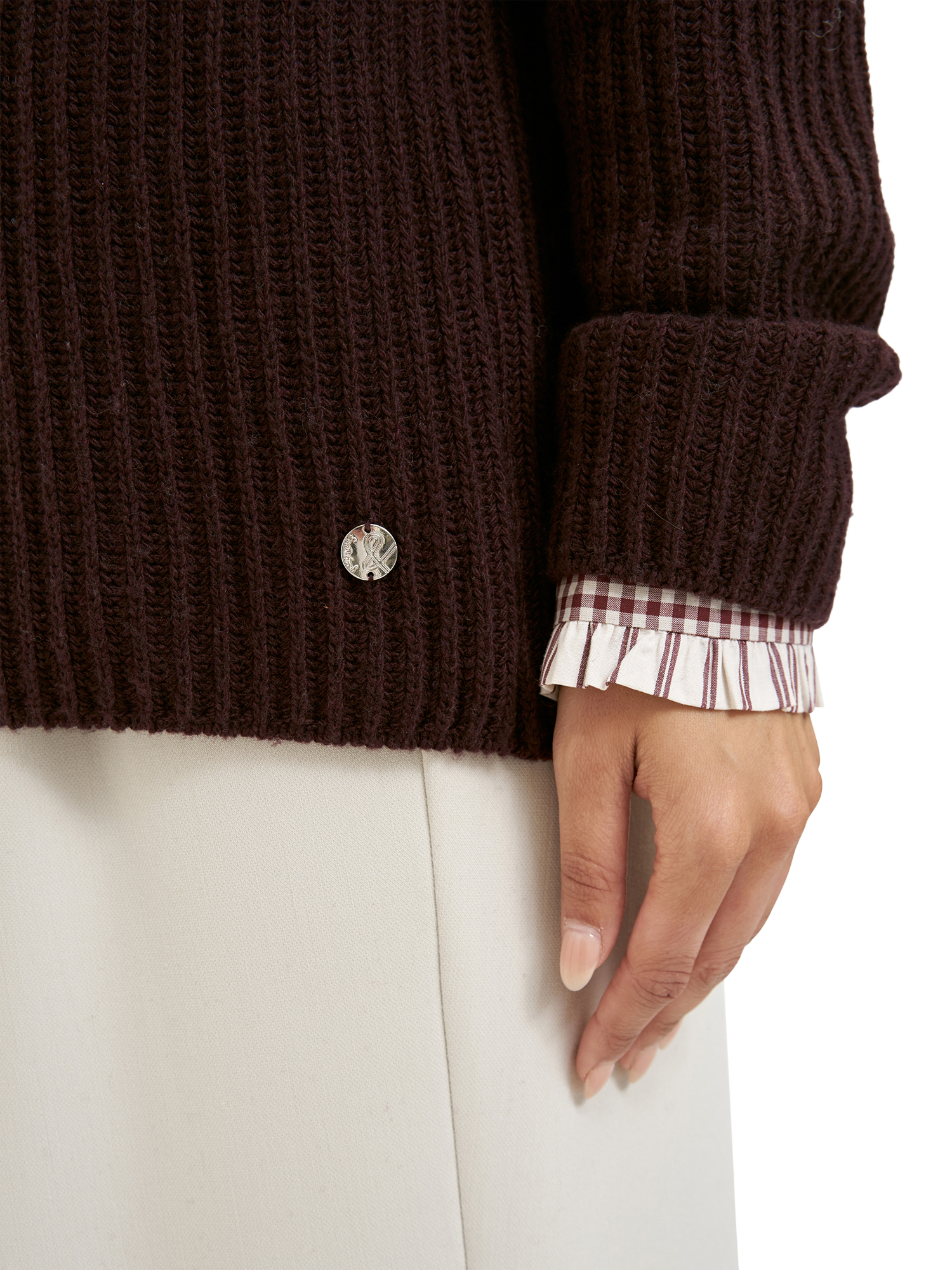 Product image 4 of 6, which shows Smith & Soul Ribbed High Neck Jumper, Plum, XS