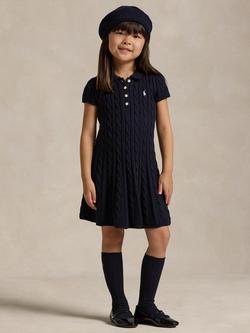 Ralph Lauren Kids' Cotton Cable Knit Polo Jumper Dress, Navy/Cream, Navy/Cream