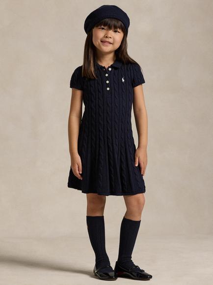 Ralph Lauren Kids' Cotton Cable Knit Polo Jumper Dress, Navy/Cream, Navy/Cream