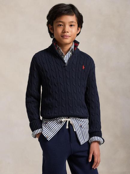 Polo Ralph Lauren Cable Knit Zip Neck Jumper, Navy