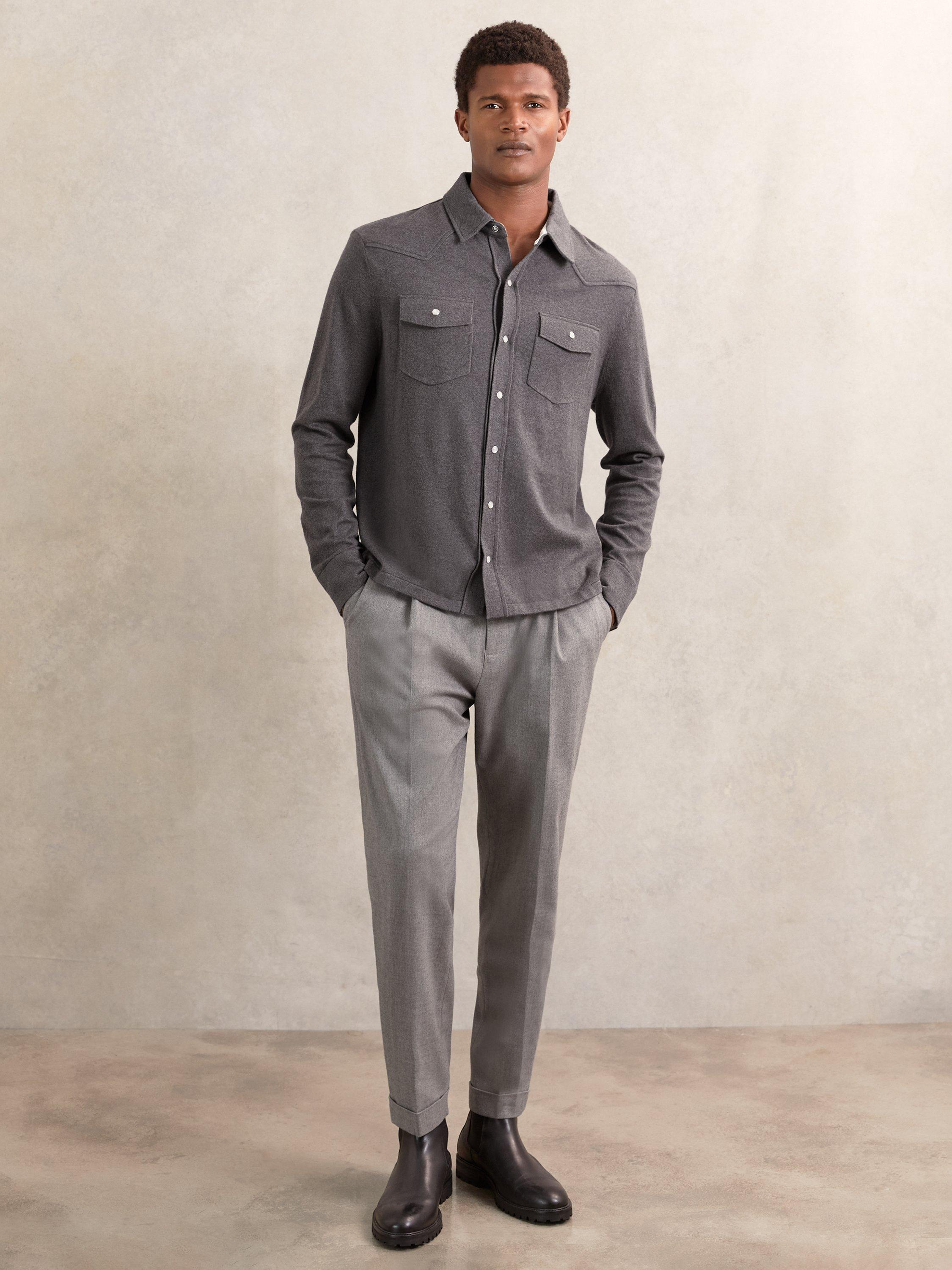 Product image 1 of 5, which shows Reiss Ledger Cotton Cashmere Blend Shirt, Charcoal Grey, XS