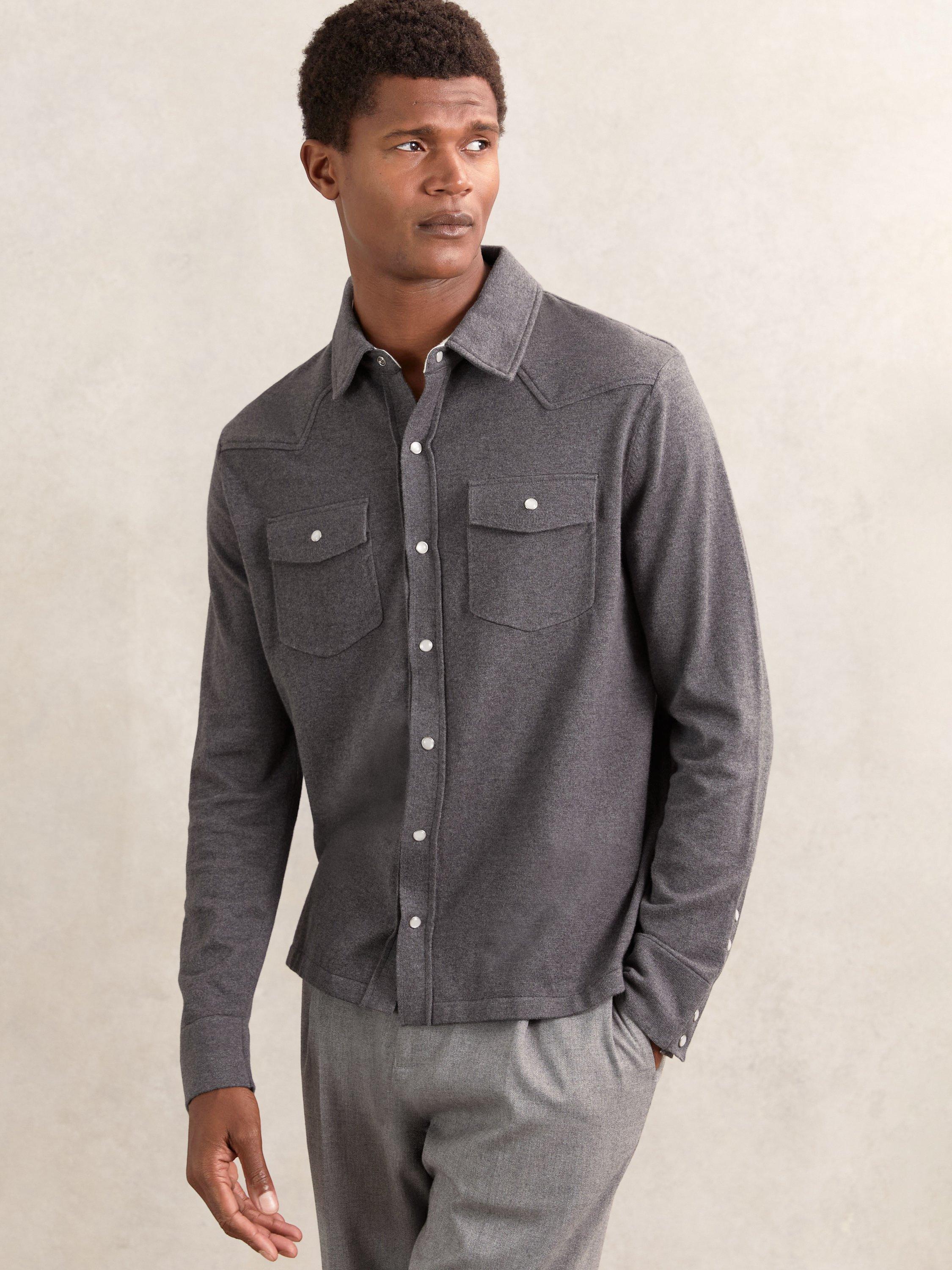 Product image 4 of 5, which shows Reiss Ledger Cotton Cashmere Blend Shirt, Charcoal Grey, XS