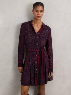 Reiss Aurora Snake Print Flippy Dress, Burgundy/Black, Burgundy/Black