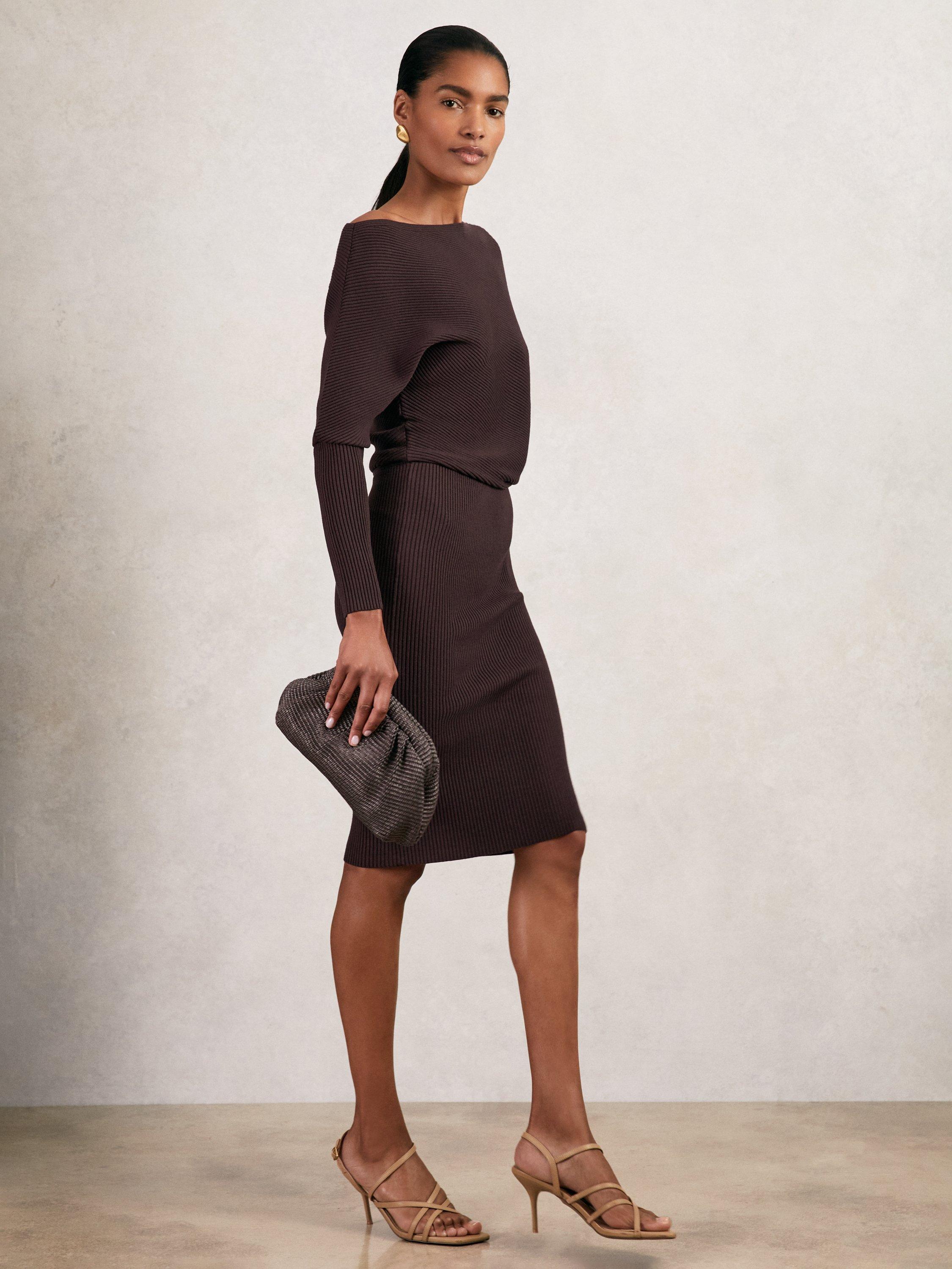 Product image 4 of 5, which shows Reiss Lara Drape Knit Bodycon Dress, Plum Purple, XS