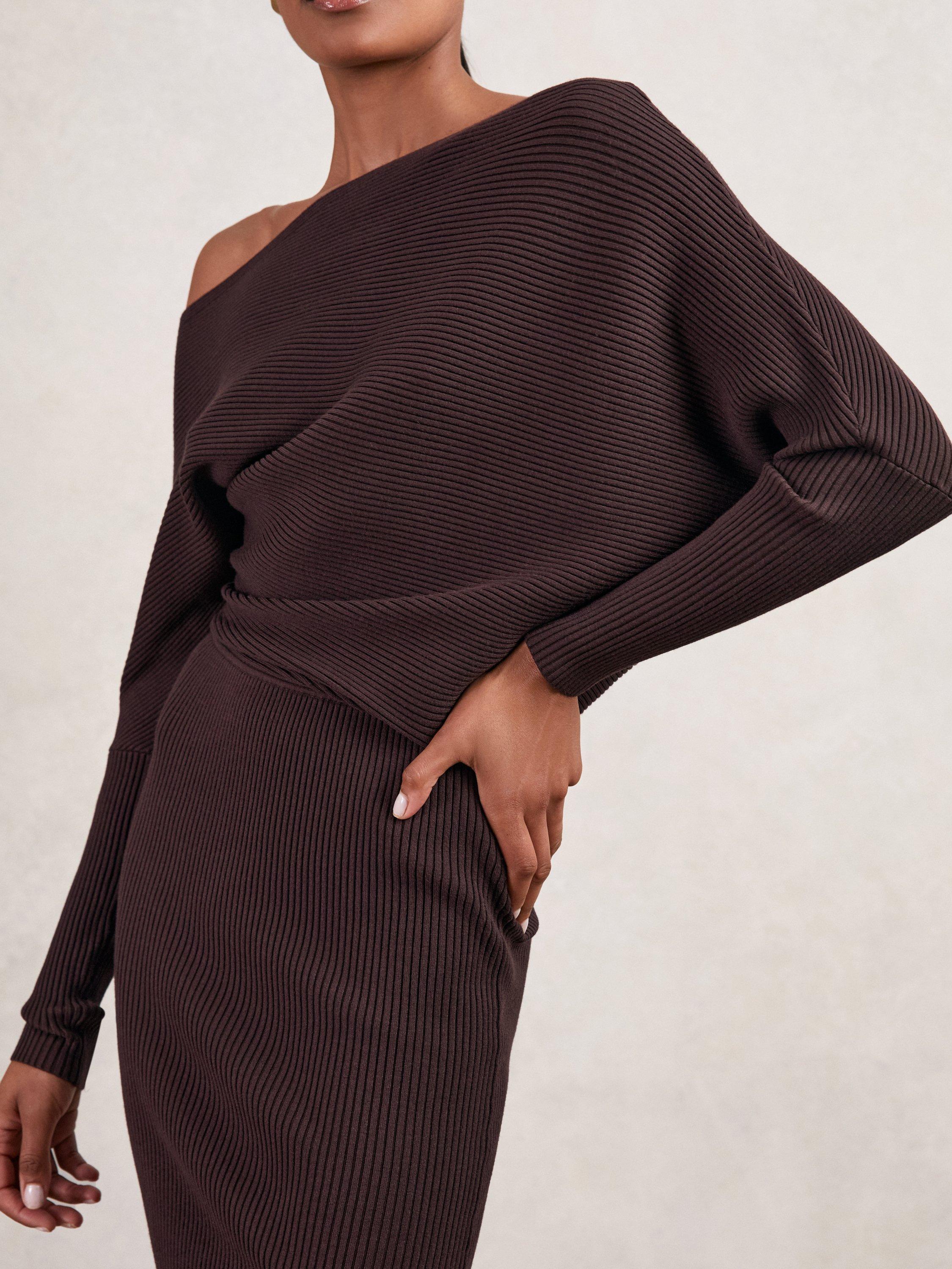 Product image 5 of 5, which shows Reiss Lara Drape Knit Bodycon Dress, Plum Purple, XS