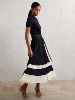 Reiss Goldie Colour Block Pleated Midi Skirt, Navy/Ivory, Navy/Ivory