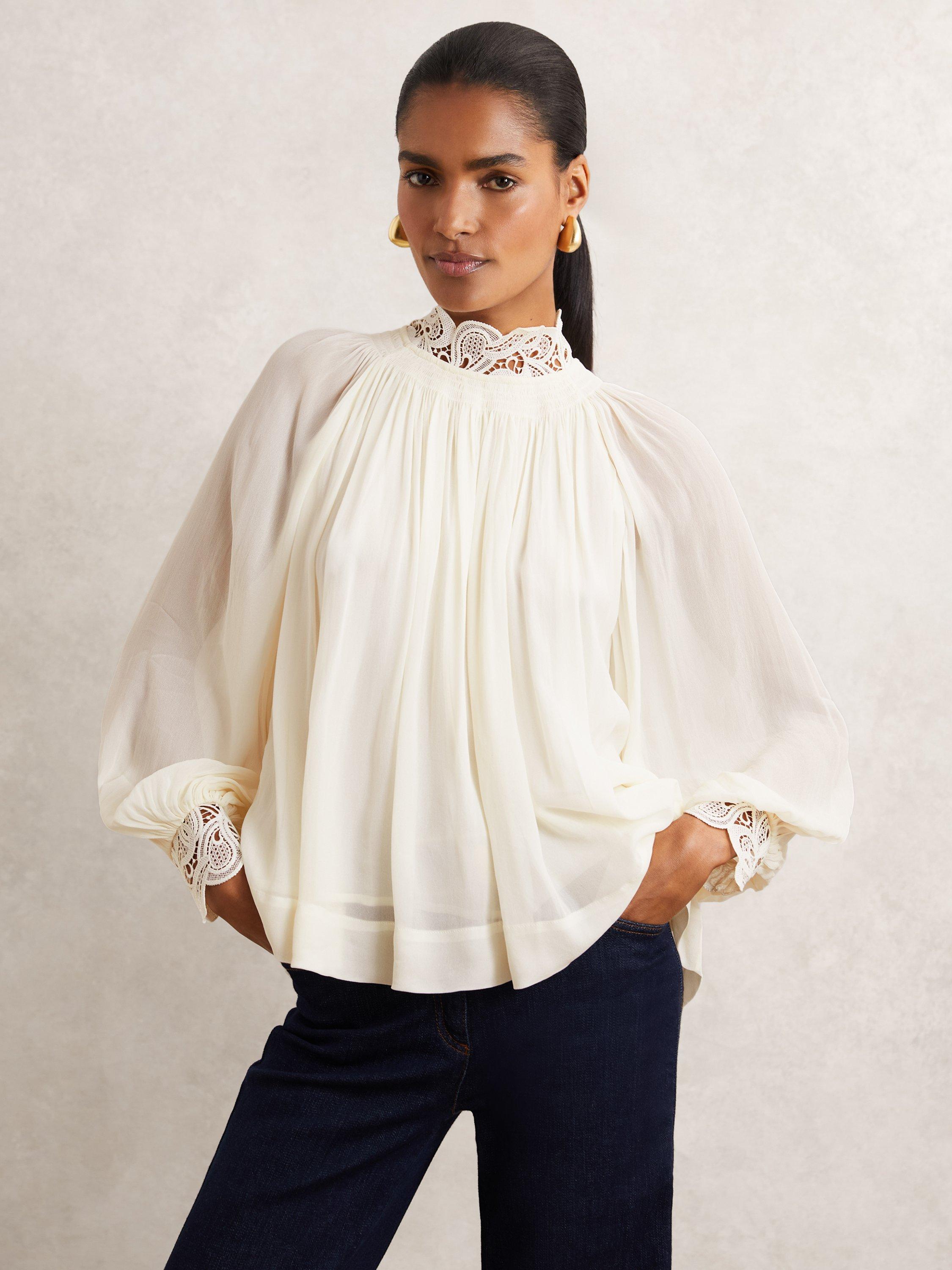 Product image 1 of 5, which shows Reiss Czara Ruffle Neck Top, Cream, 10