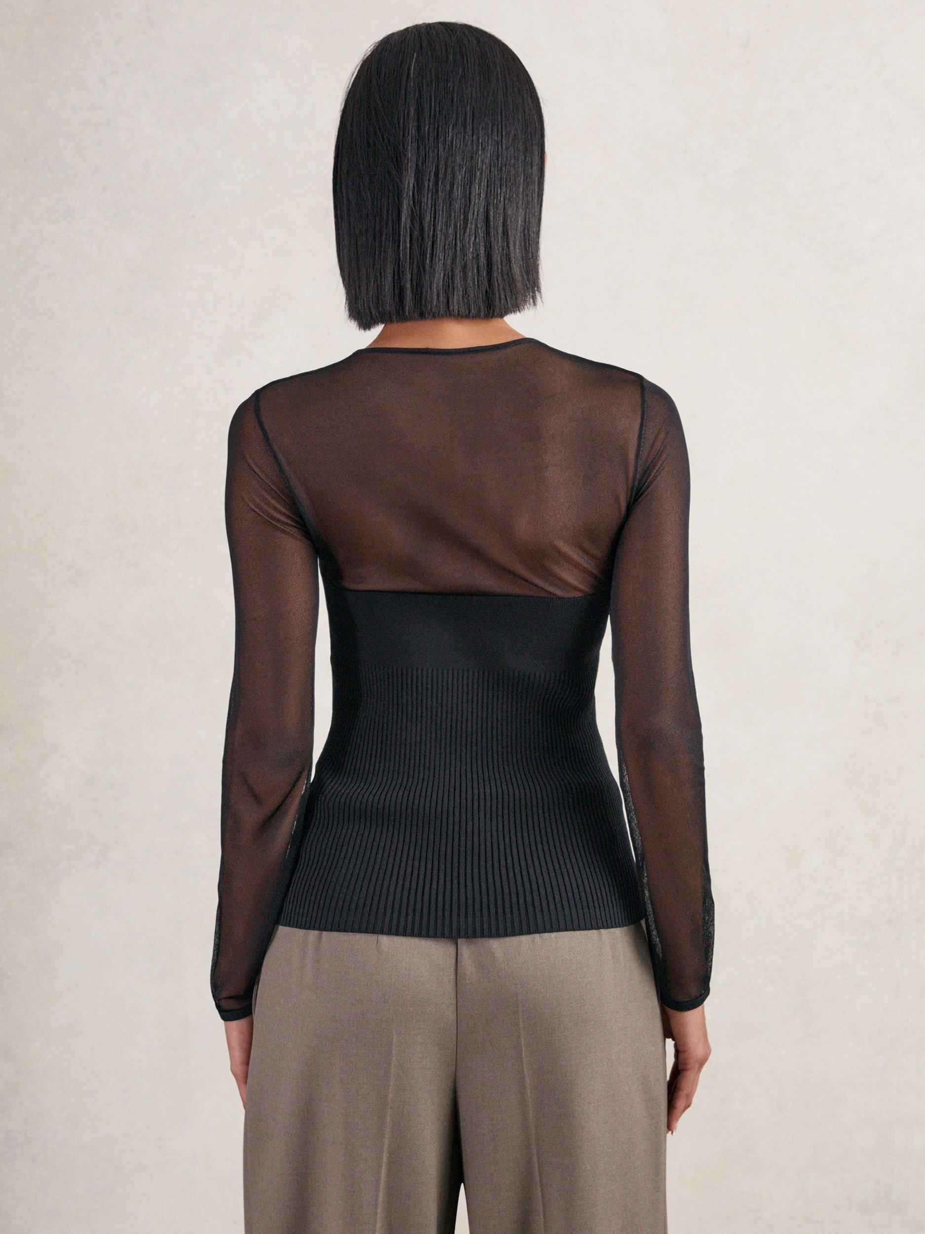 Sheer Blouses For Women Women's Seamless Sheer Mesh Long Sleeve Top - Sweetheart Neckline Blouse (One Size Fits Most XS-L) Sheer Mesh Blouse