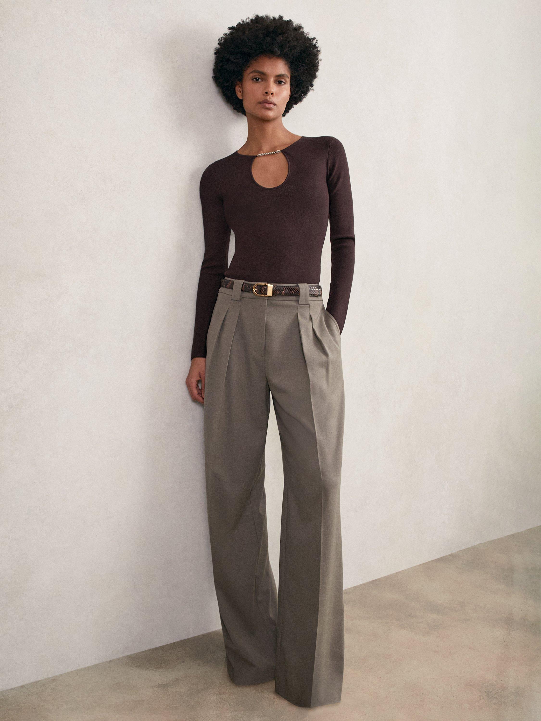 Product image 1 of 5, which shows Reiss Tilly Keyhole Cut Out Knit Top, Plum, XS