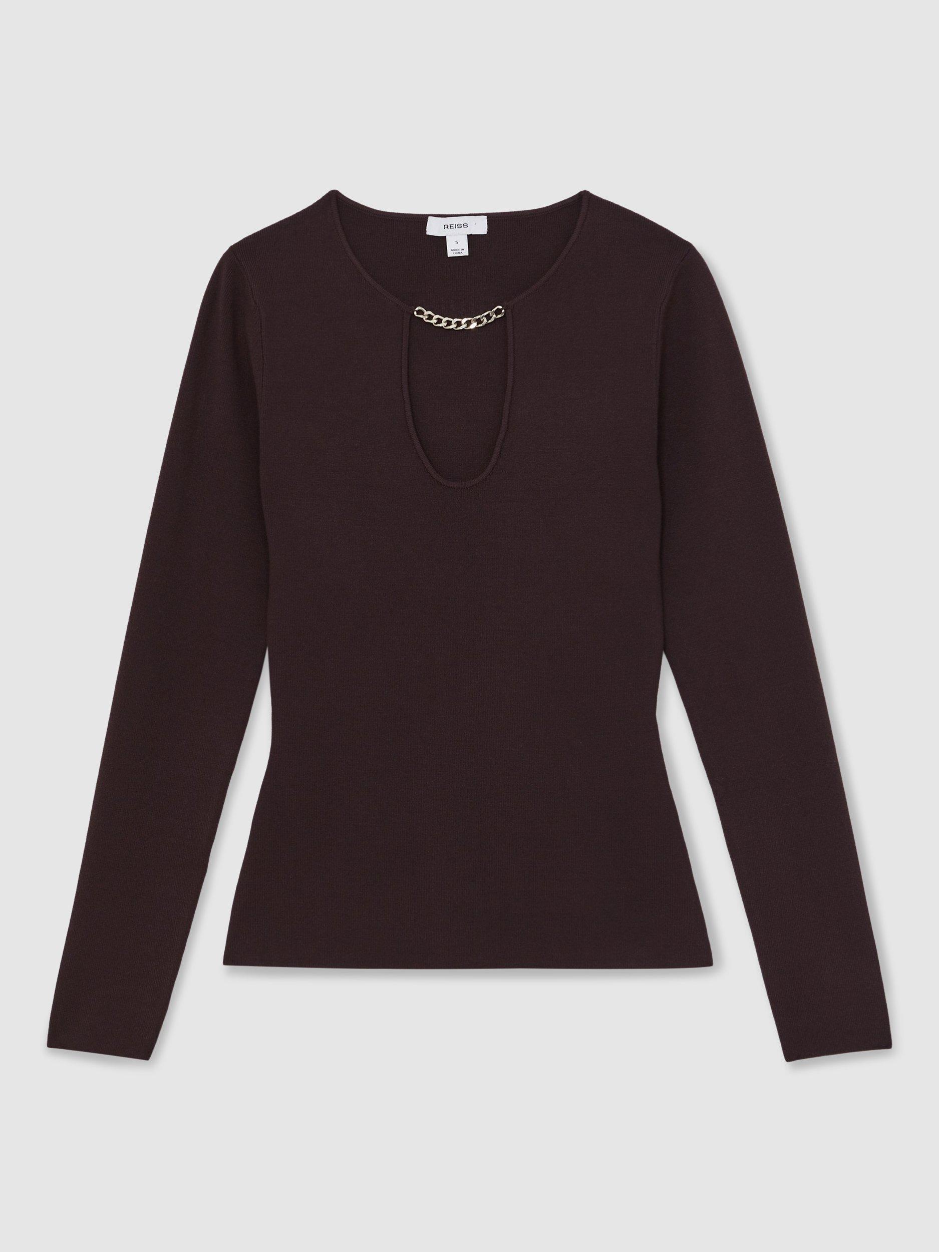 Product image 3 of 5, which shows Reiss Tilly Keyhole Cut Out Knit Top, Plum, XS