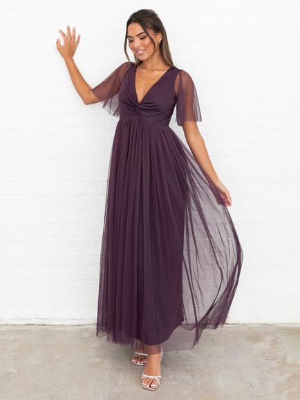 Anaya With Love Twist Front Tule Maxi Dress, Fig