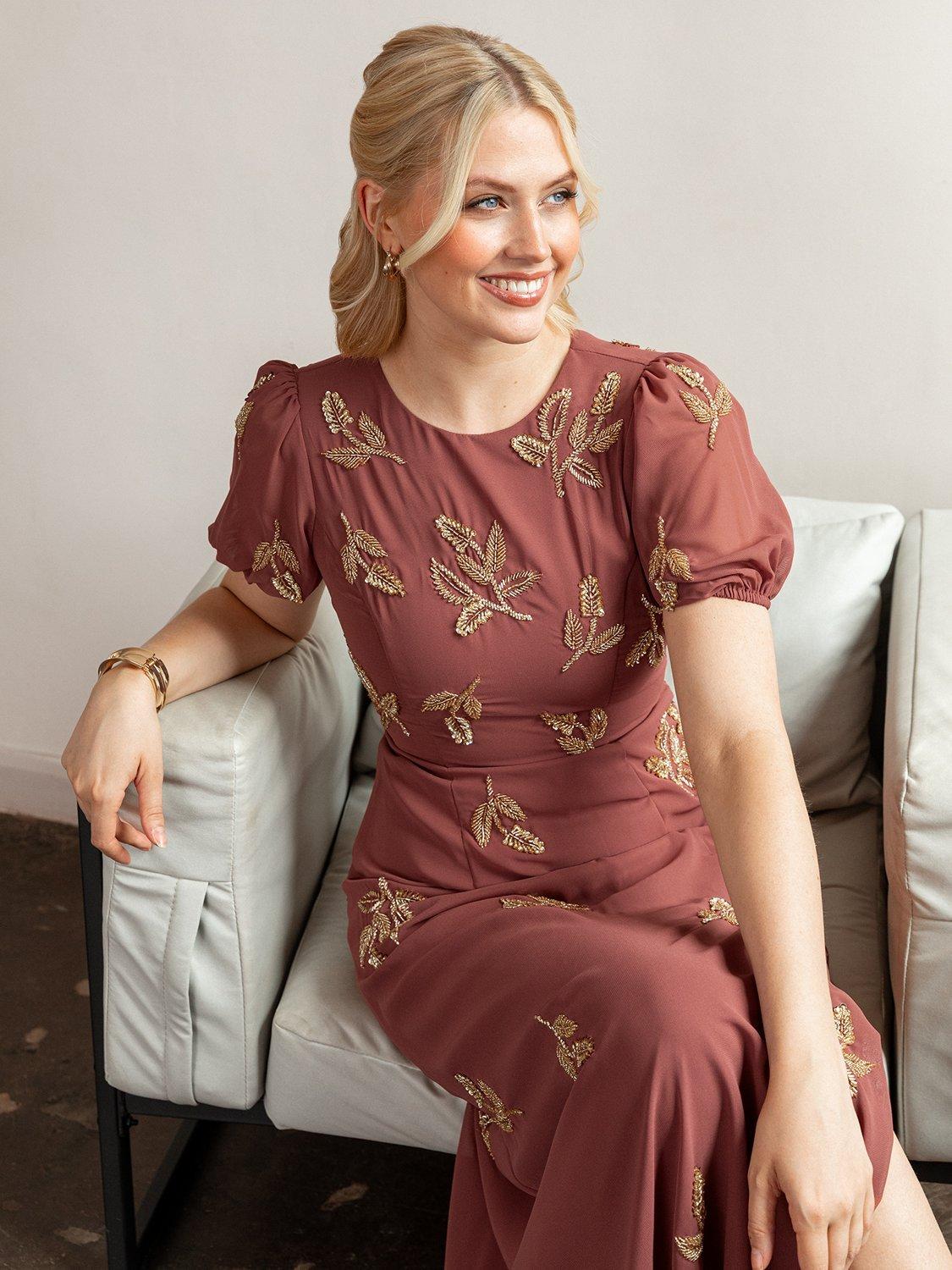 Product image 2 of 6, which shows Maya Deluxe Embellished Puff Sleeve Maxi Dress, Copper Rose, 6