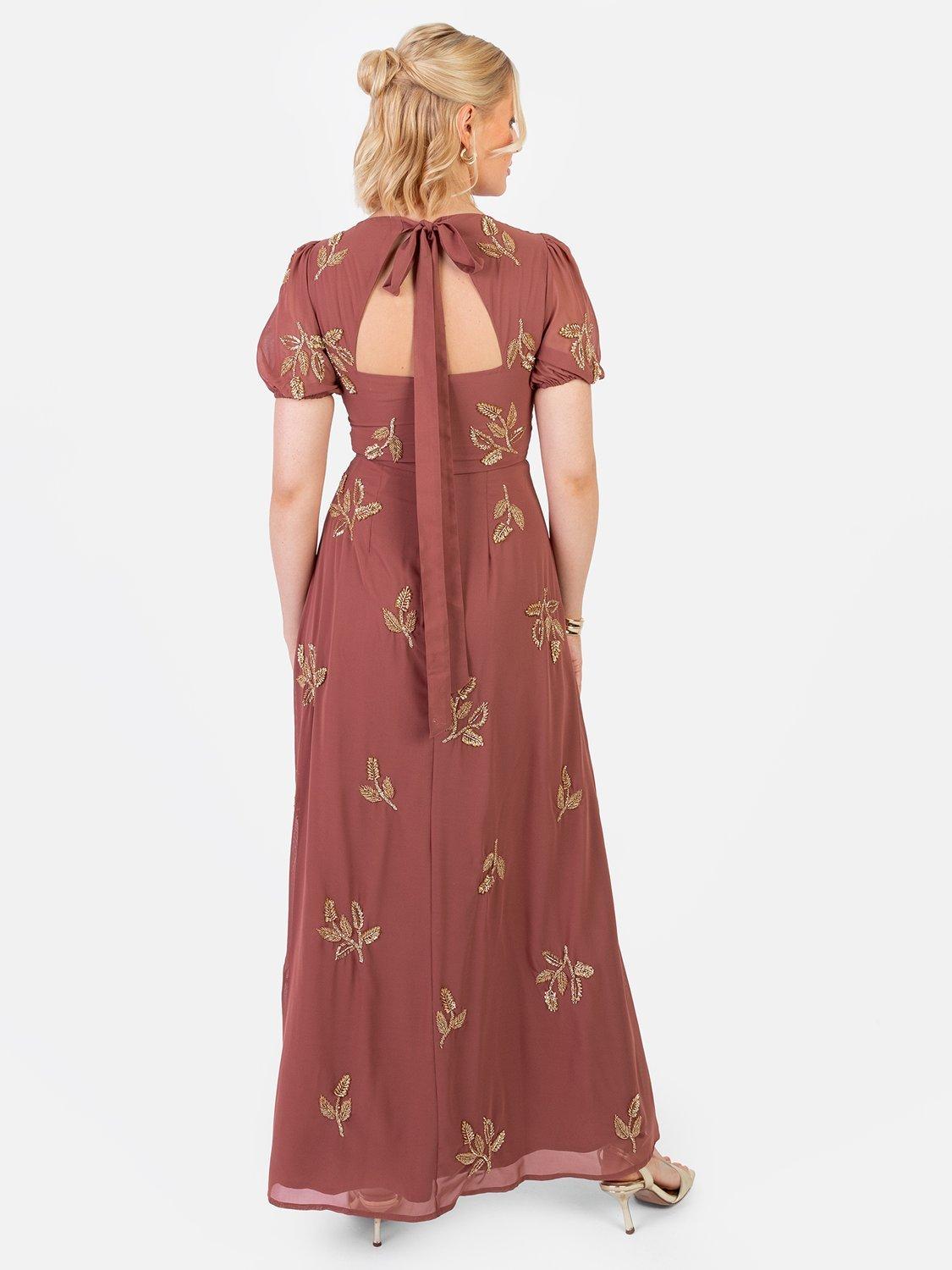 Product image 3 of 6, which shows Maya Deluxe Embellished Puff Sleeve Maxi Dress, Copper Rose, 6