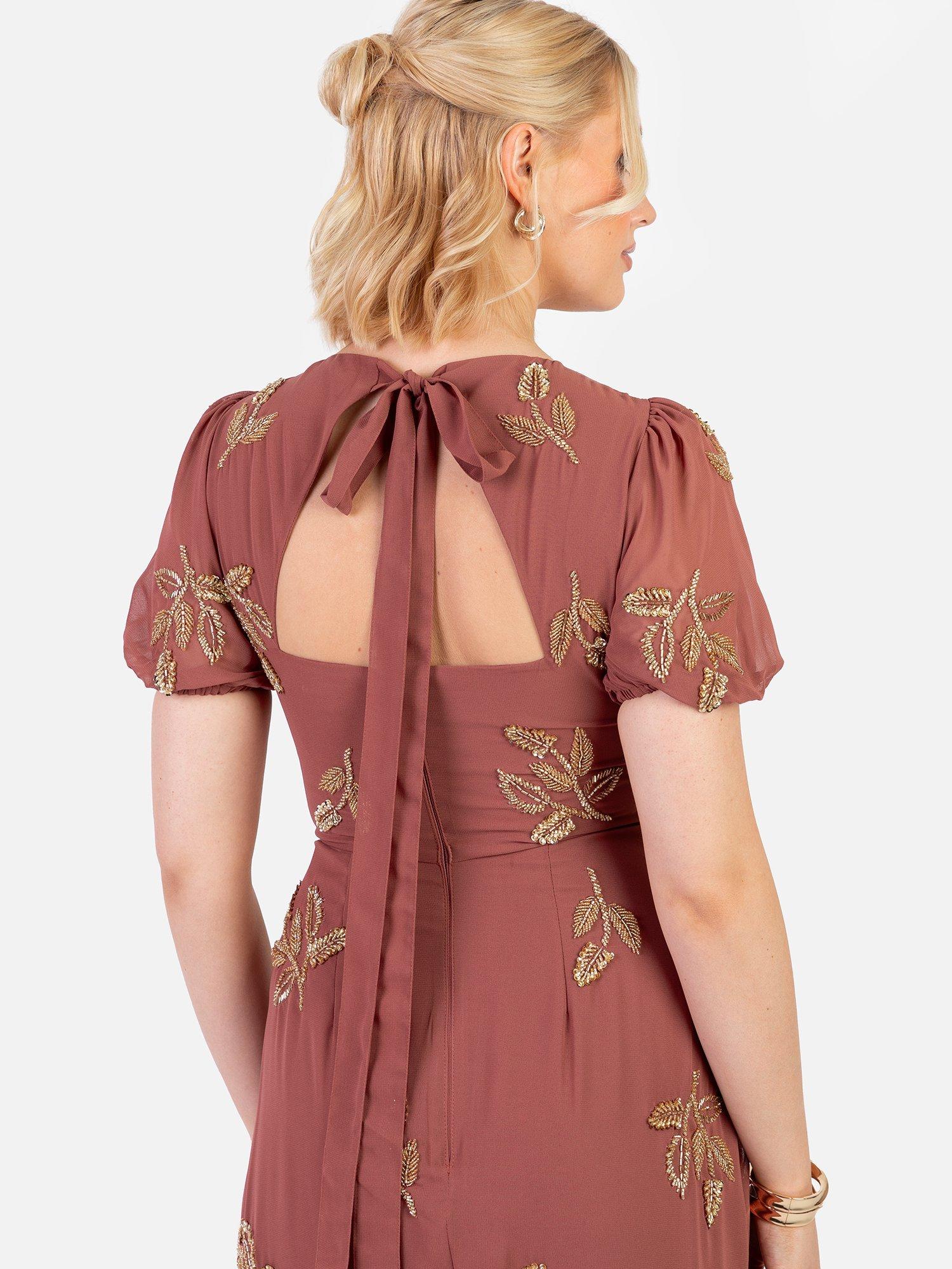 Product image 5 of 6, which shows Maya Deluxe Embellished Puff Sleeve Maxi Dress, Copper Rose, 6