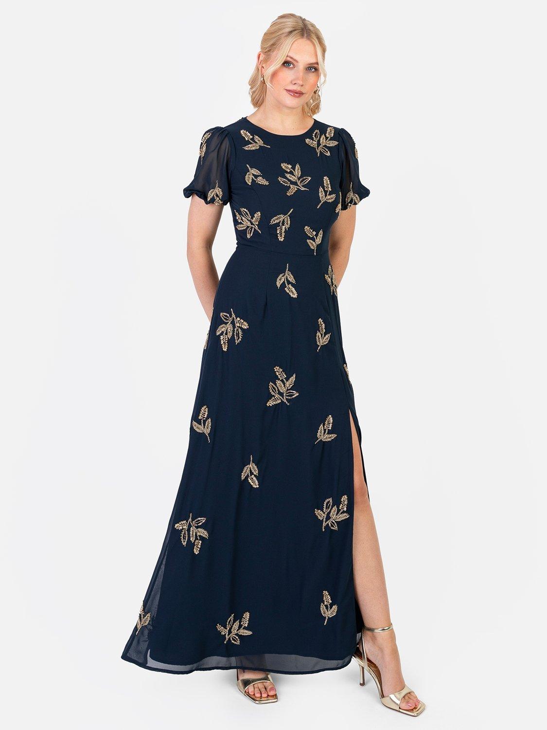 Maya Dusty Blue Short Sleeve Stripe Embellished Maxi Dress