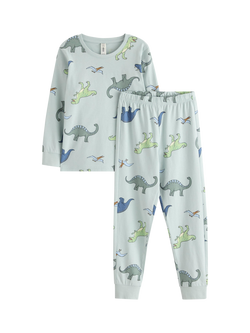 Lindex Kids' Cotton Long Sleeved Dinosaur Print Pyjamas, Light Aqua, Light Aqua