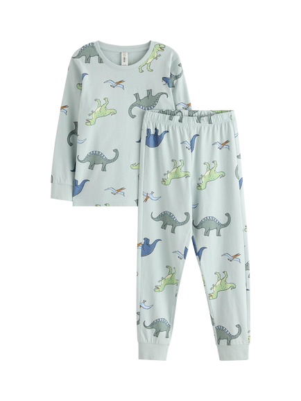 Lindex Kids' Cotton Long Sleeved Dinosaur Print Pyjamas, Light Aqua, Light Aqua