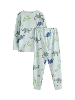 Lindex Kids' Cotton Long Sleeved Dinosaur Print Pyjamas, Light Aqua - view 2, Light Aqua
