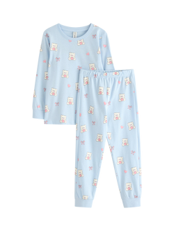 Lindex Kids' Cotton Long Sleeved Bear Print Pyjamas, Light Blue, Light Blue