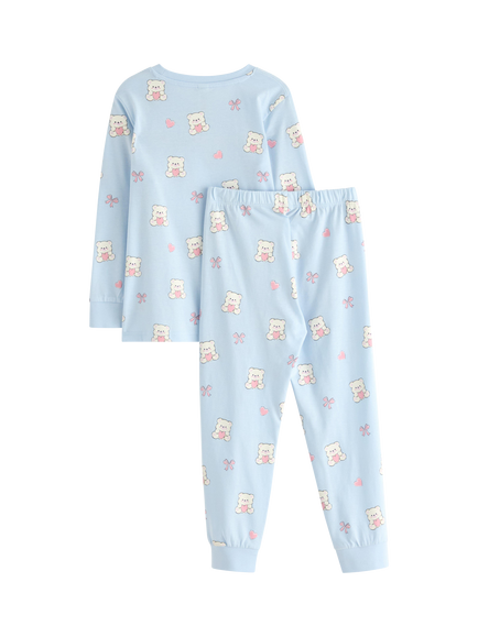 Lindex Kids' Cotton Long Sleeved Bear Print Pyjamas, Light Blue - view 2, Light Blue