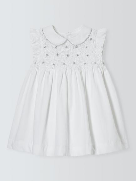 John Lewis Heirloom Collection Baby Cotton Sateen Smocked Christening Dress, Bright White, Bright White