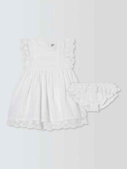 John Lewis Heirloom Collection Baby Linen Blend Christening Dress & Bloomers Set, Bright White, Bright White