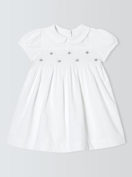 John Lewis Heirloom Collection Baby Cord Smocked Dress, Bright White, Bright White