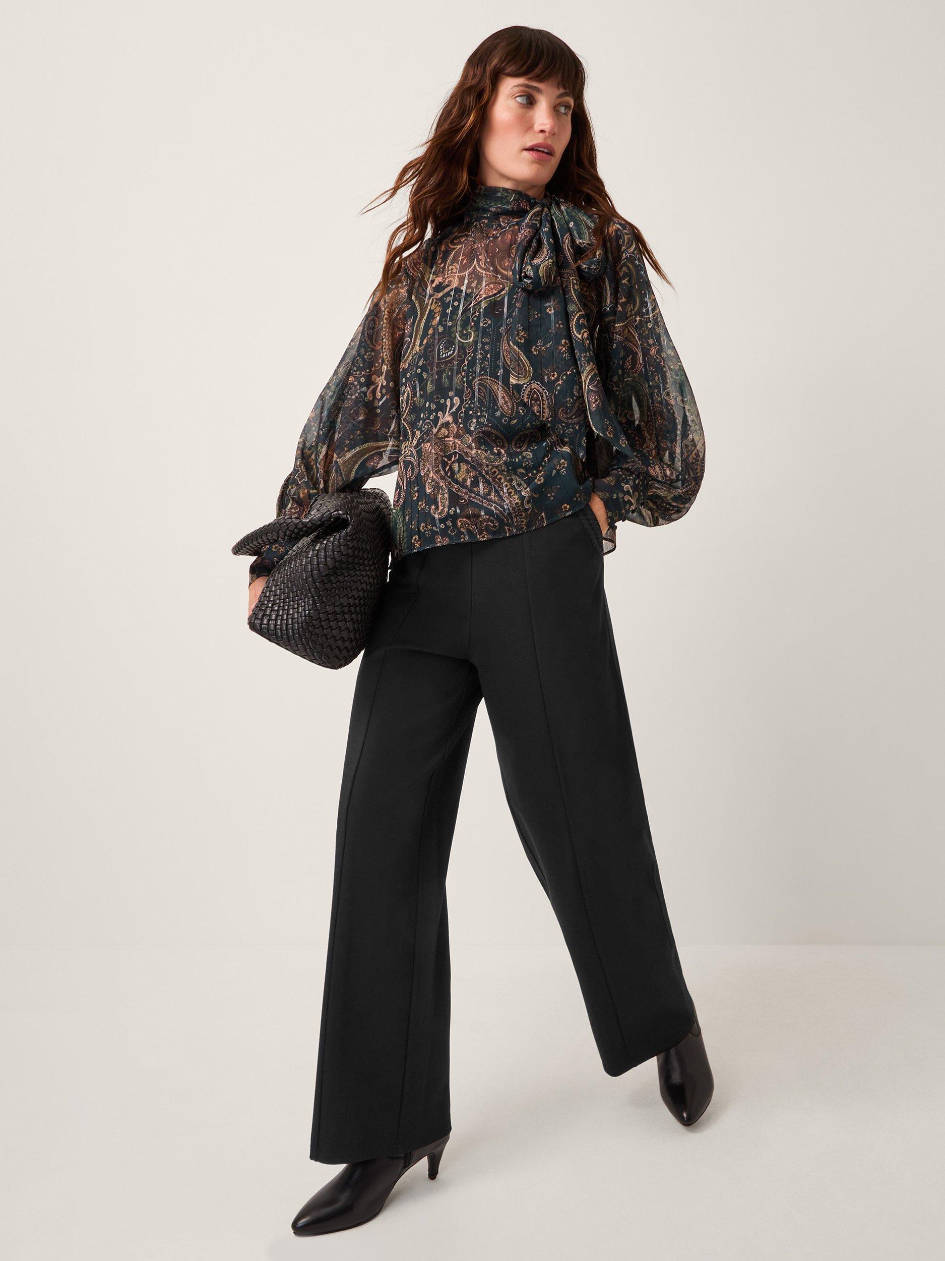 Product image 1 of 4, which shows Monsoon Payton Ponte Jersey Bootcut Trousers, Black, 14