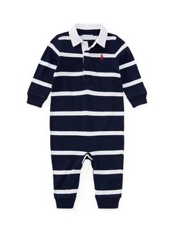 Ralph Lauren Baby Cotton Rugby Coverall Sleepsuit, Refnd Navy/Multi, Refnd Navy/Multi