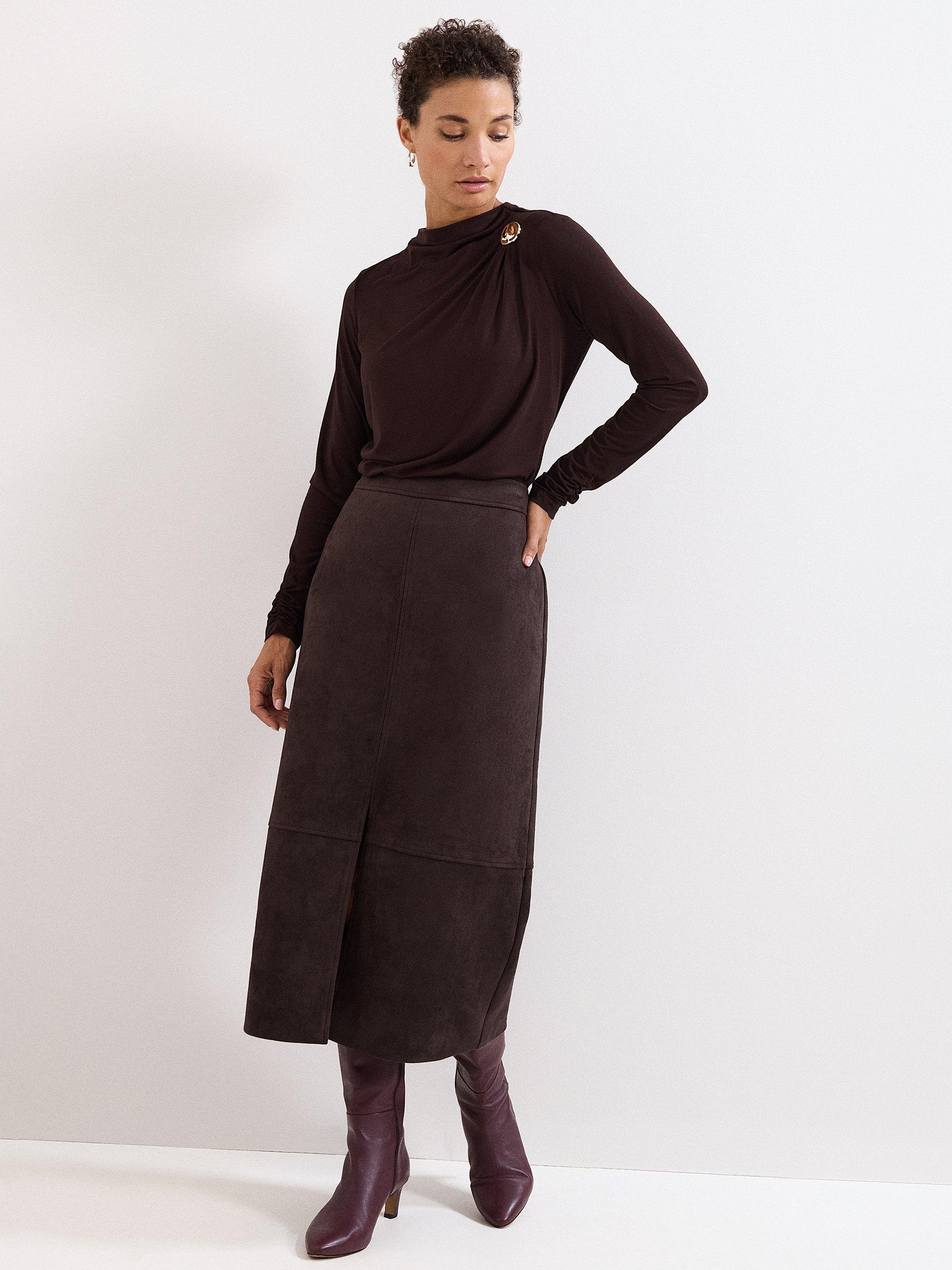 Product image 3 of 8, which shows Phase Eight Elodie Midi Skirt, Brown, 8
