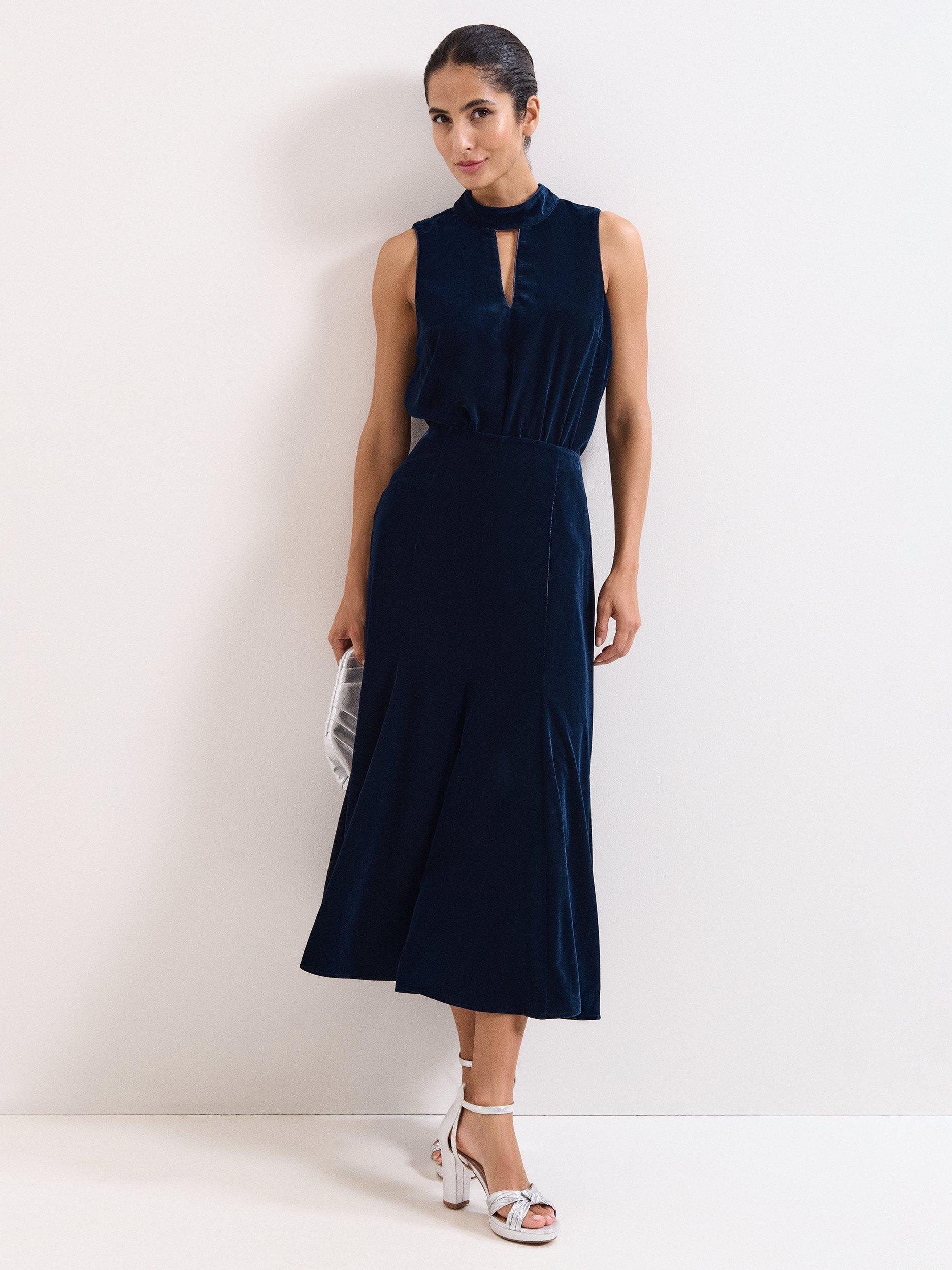 Product image 3 of 8, which shows Phase Eight Eilish Velvet A-Line Midi Skirt, Navy, 10