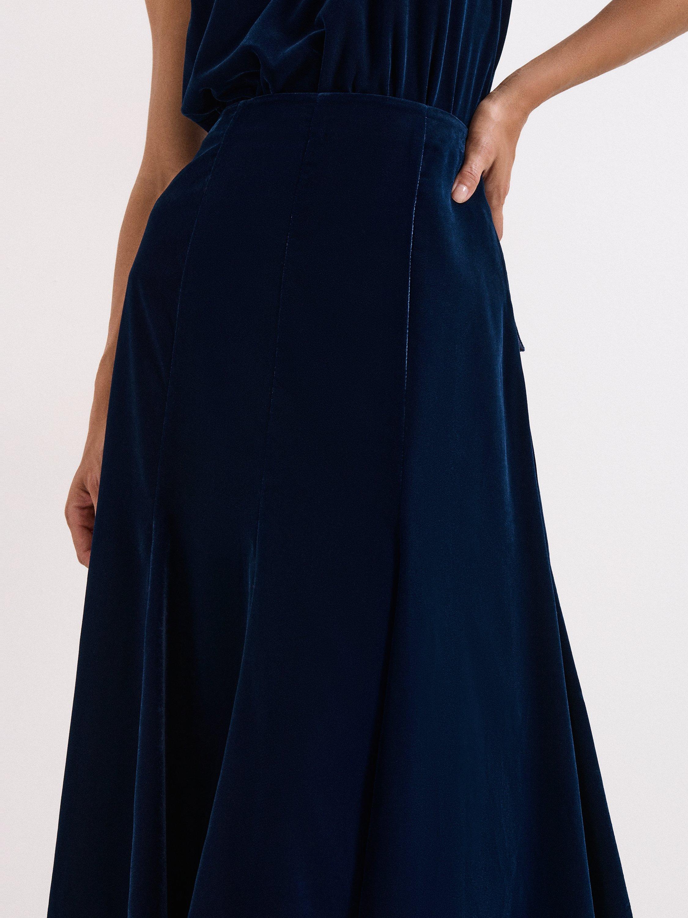 Product image 4 of 8, which shows Phase Eight Eilish Velvet A-Line Midi Skirt, Navy, 10