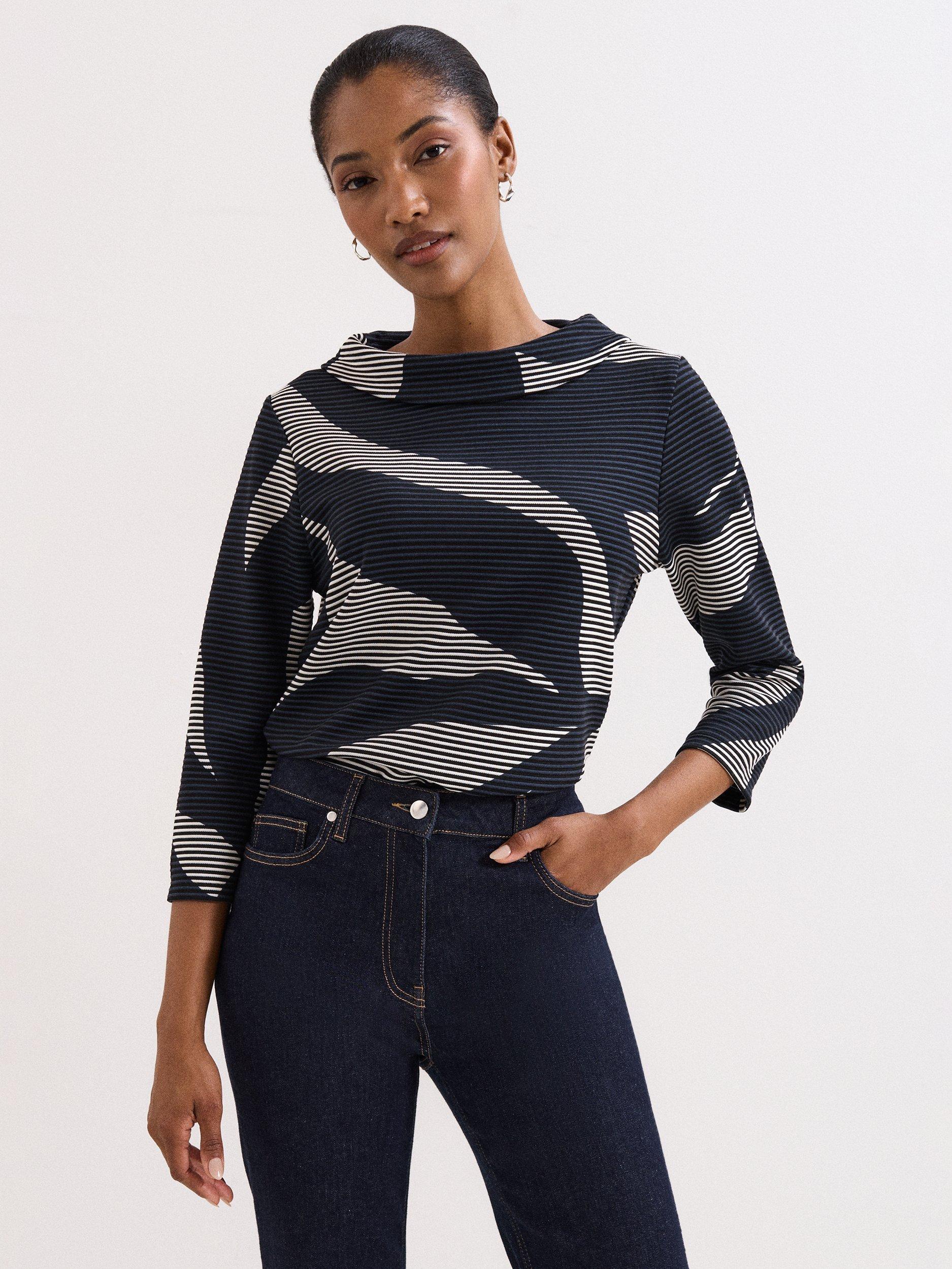 Product image 1 of 8, which shows Phase Eight Rena Printed Top, Navy/Ivory, 8