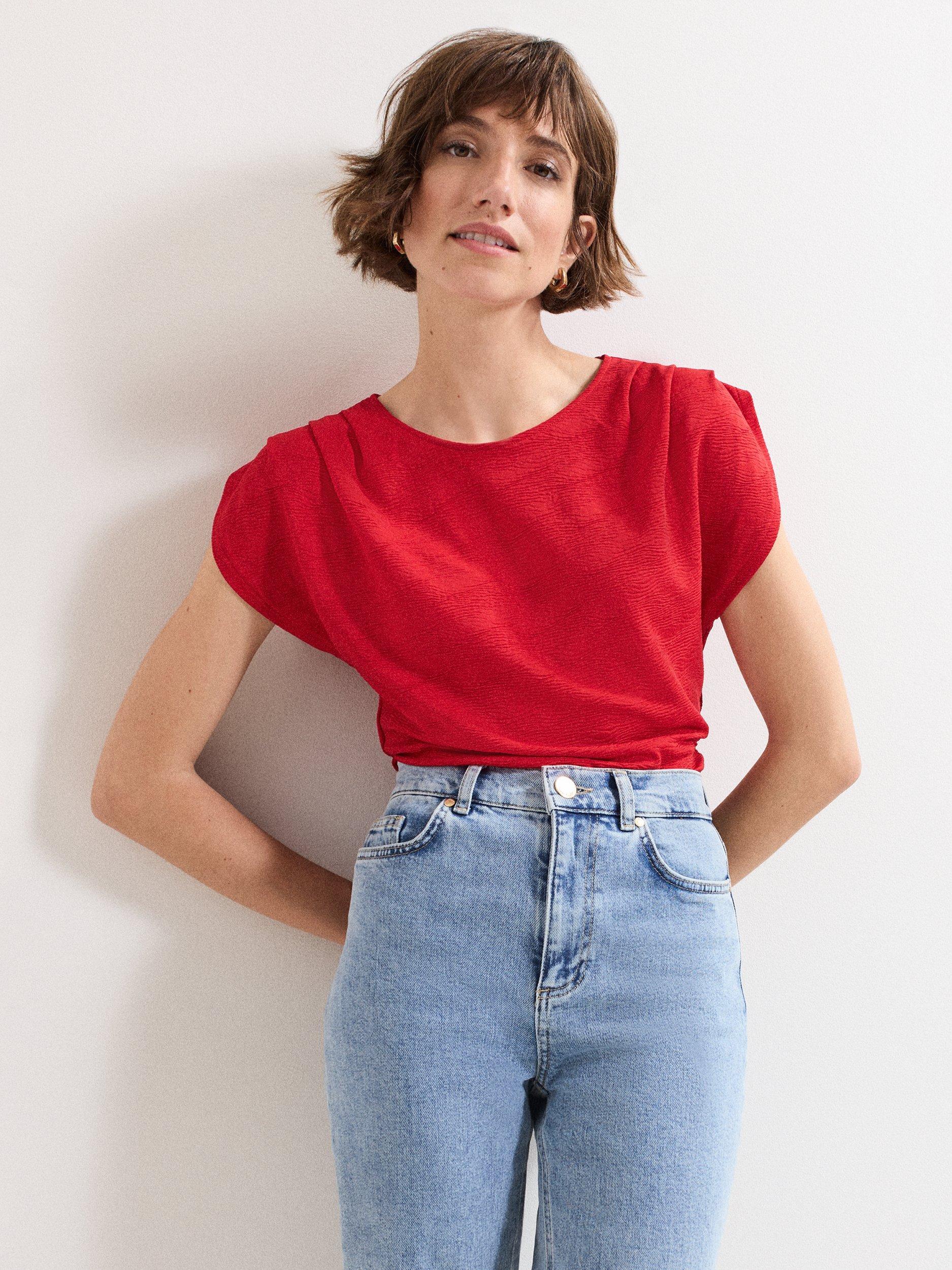 Product image 1 of 8, which shows Phase Eight Rina Textured Short Sleeved Top, Red, 8