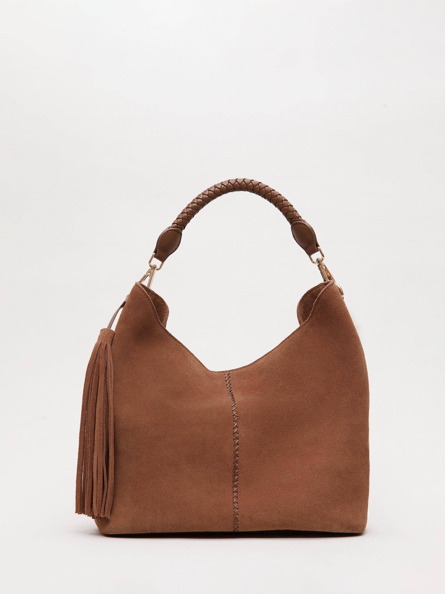 Product image 1 of 7, which shows Phase Eight Tassel Detail Pure Suede Bag, Tan, One Size