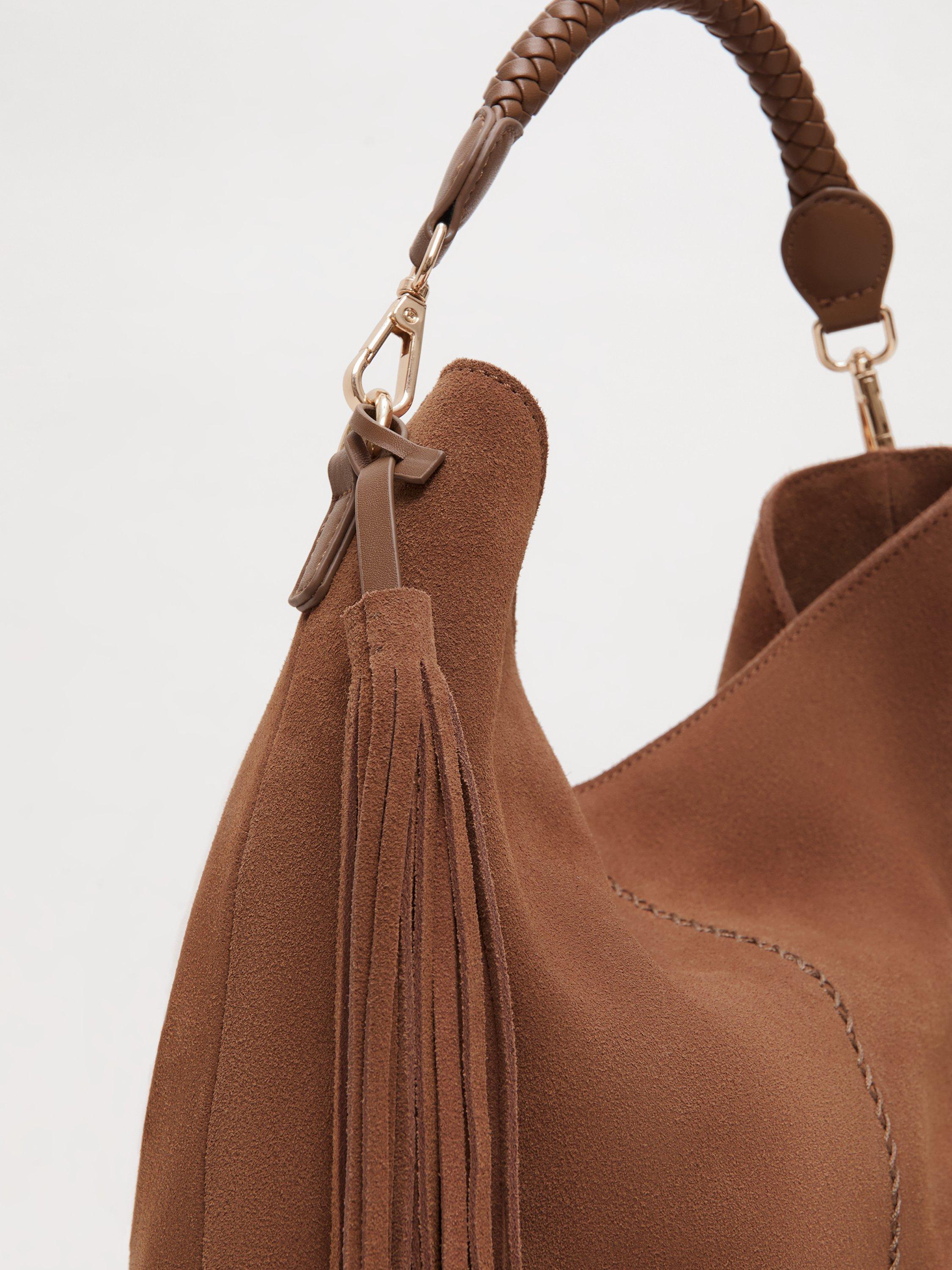 Product image 3 of 7, which shows Phase Eight Tassel Detail Pure Suede Bag, Tan, One Size