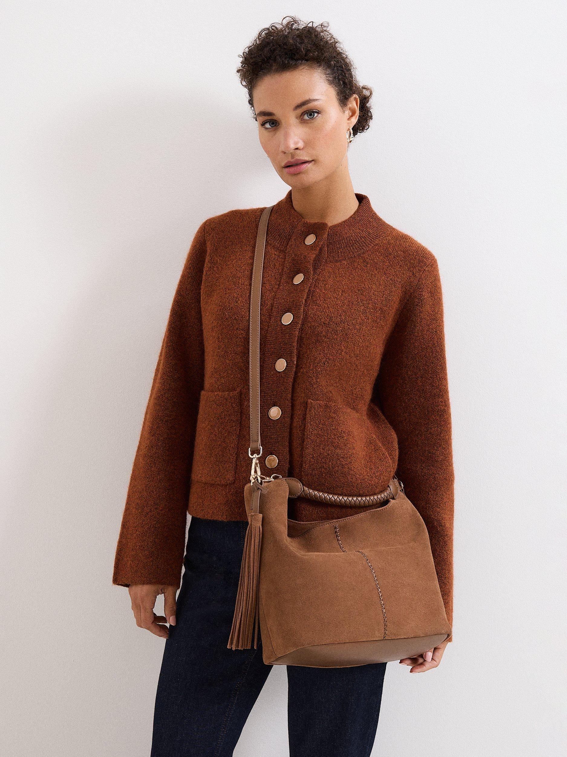 Product image 6 of 7, which shows Phase Eight Tassel Detail Pure Suede Bag, Tan, One Size