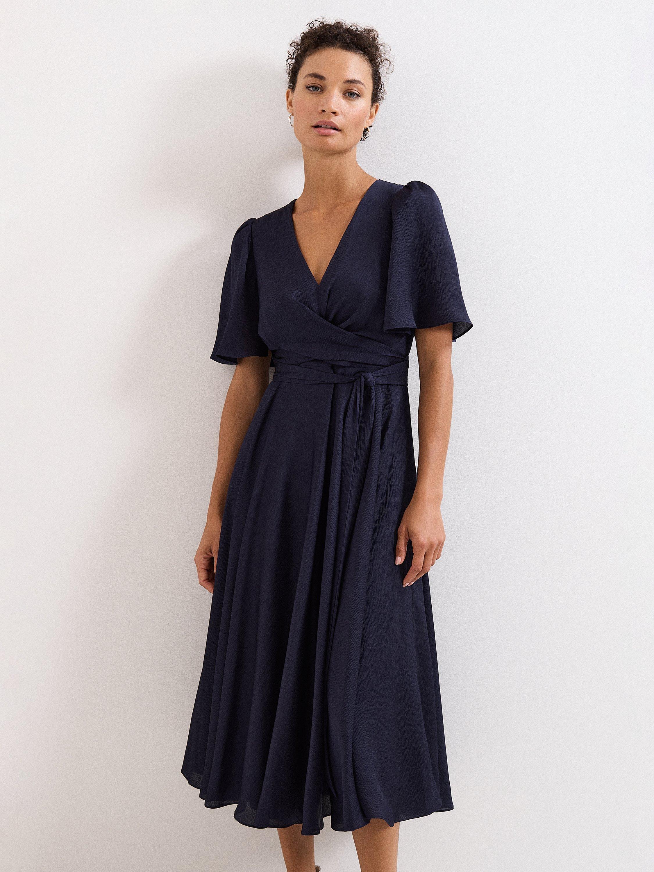 Product image 3 of 8, which shows Phase Eight Abbie Pleated Wrap Midi Dress, Navy, 6