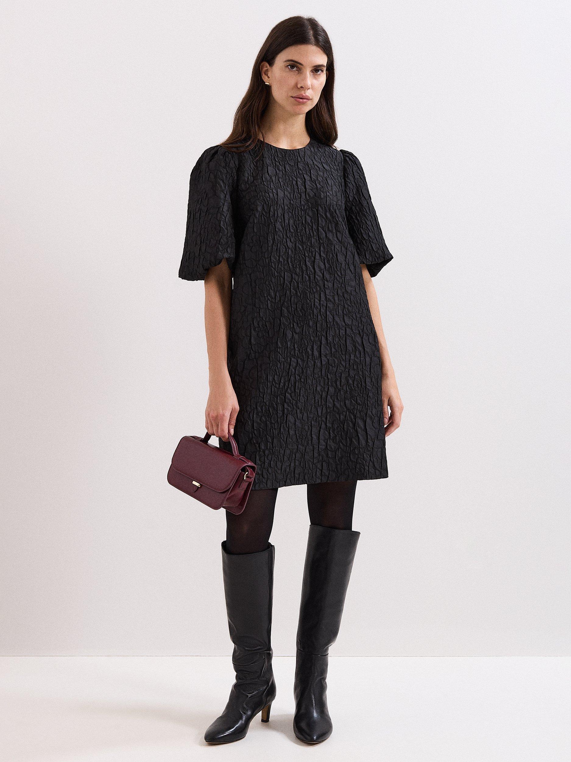 Product image 1 of 9, which shows Phase Eight Jacquard Mini Dress, Black, 6