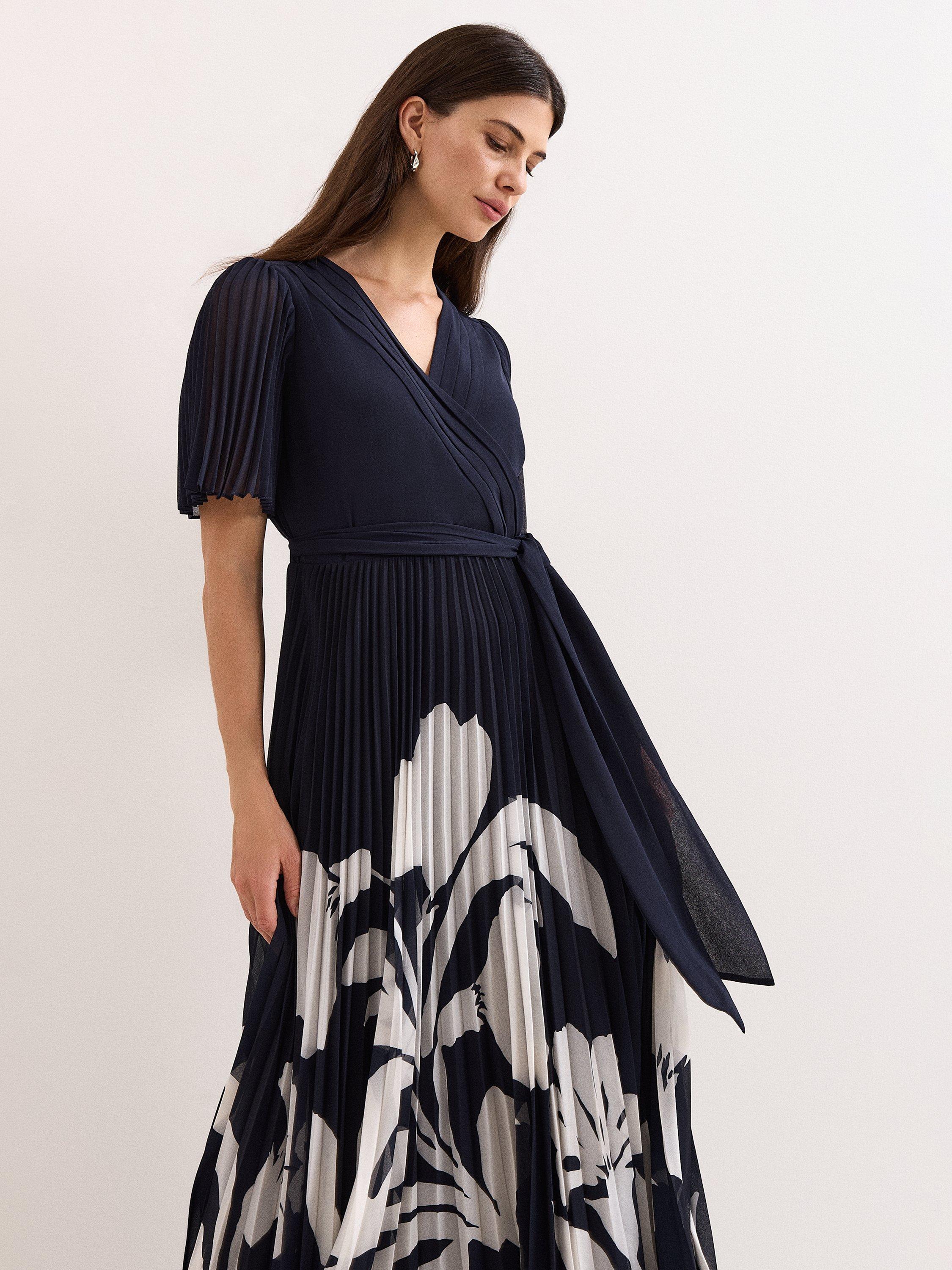 Product image 3 of 6, which shows Phase Eight Petite Abigail Abstract Pleated Dress, Navy, 6