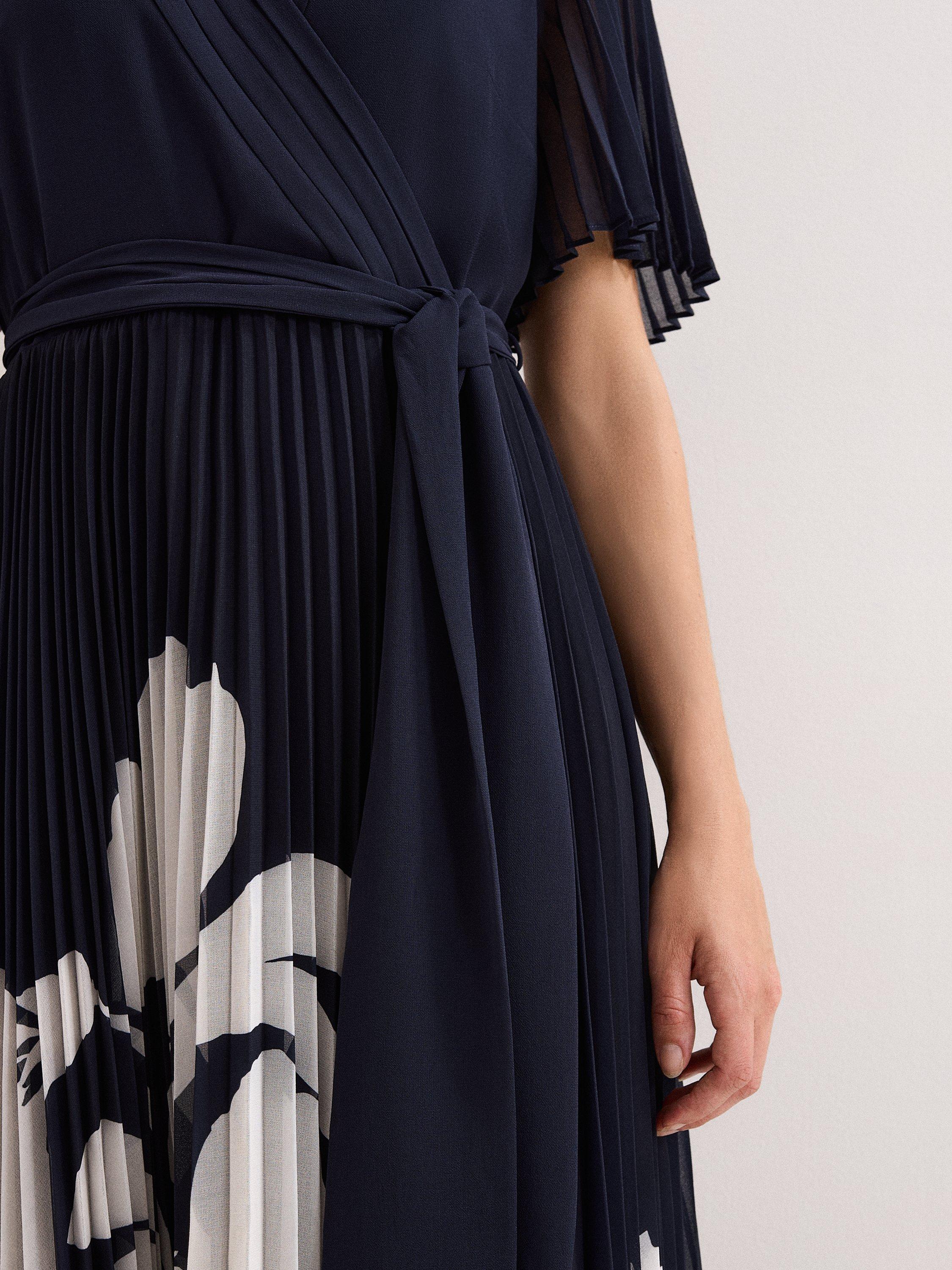 Product image 4 of 6, which shows Phase Eight Petite Abigail Abstract Pleated Dress, Navy, 6