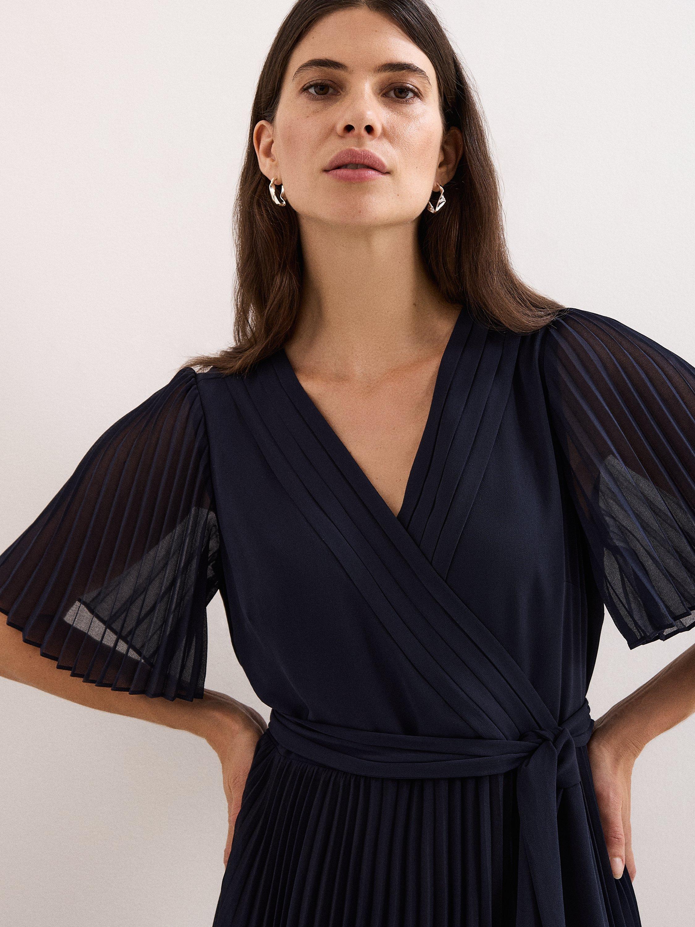 Product image 5 of 6, which shows Phase Eight Petite Abigail Abstract Pleated Dress, Navy, 6