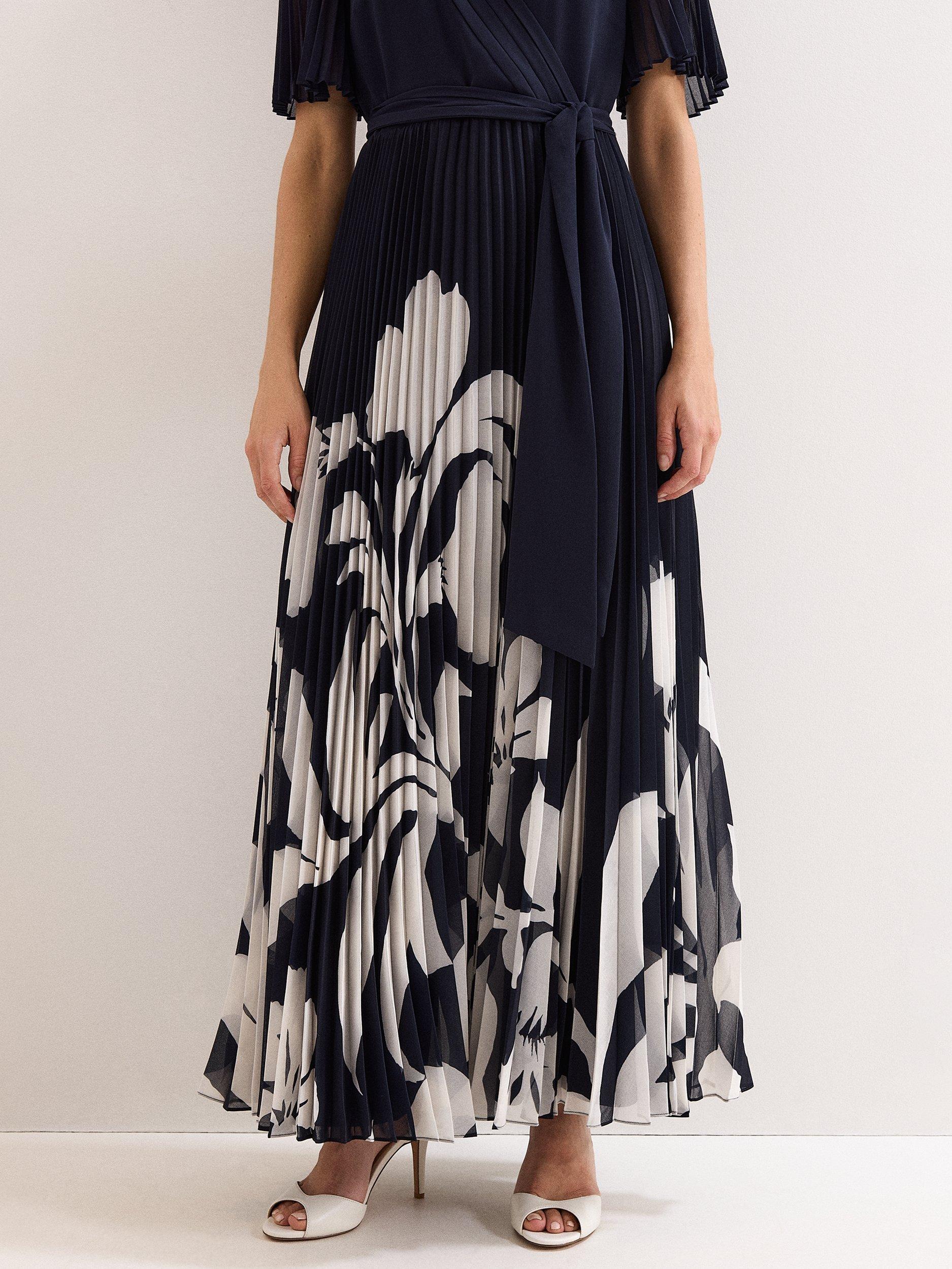 Product image 6 of 6, which shows Phase Eight Petite Abigail Abstract Pleated Dress, Navy, 6
